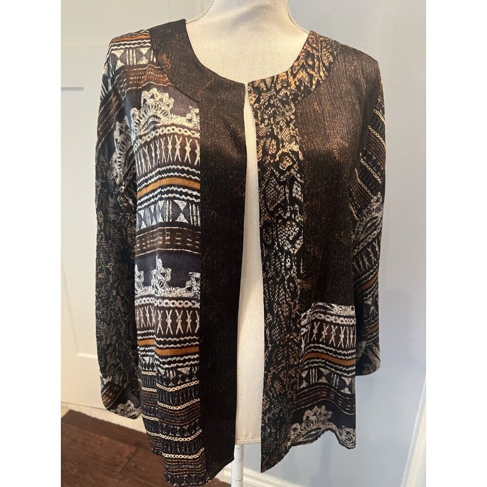 Chico's Size 2 Silk Blend Cardigan Southwest Aztec Print Open Front Kimono